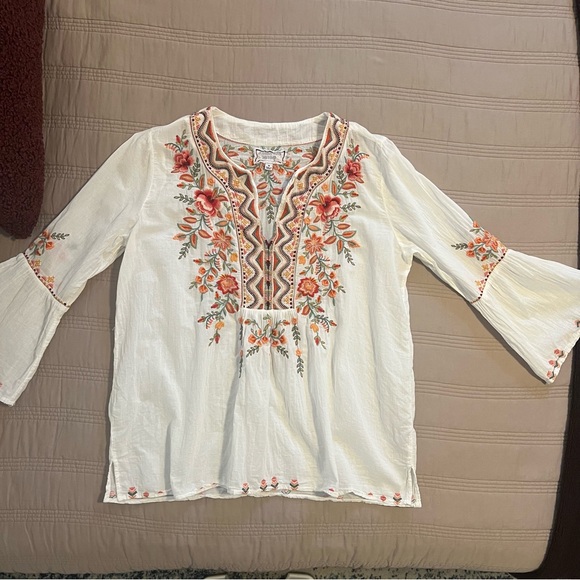Johnny Was Workshop White Blouse Orange Pink Floral Embroidery - Picture 3 of 6